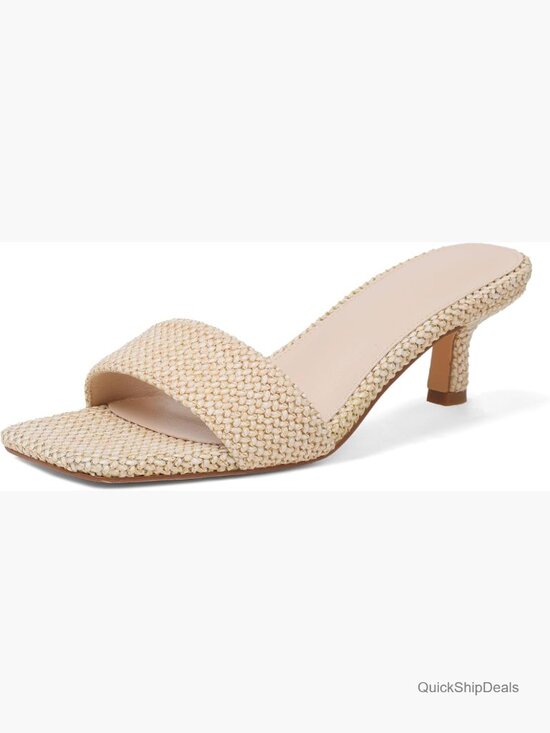 Shoes - Raffia Kitten Heel Sandals 2 Inch Square Open Toe Slip On Summer Casual Shoes